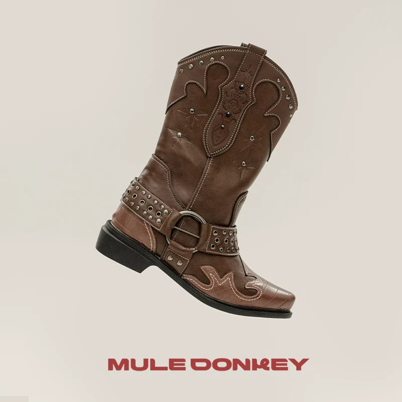 Donkey Rivet Embroidered Pointed Coarse Heel Boots