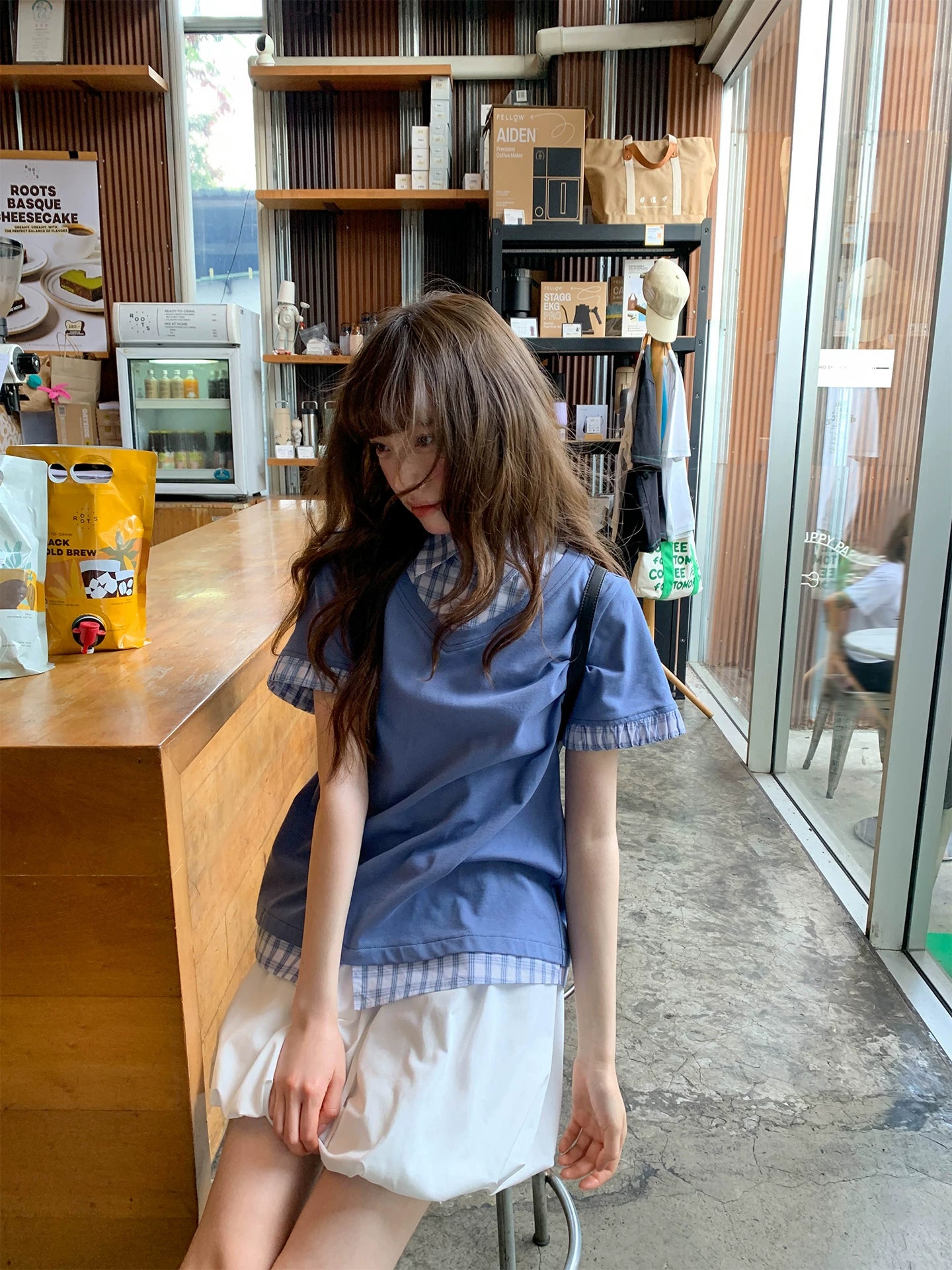 KANO Contrasting Color Lattice Splicing Fake Two-piece Tee