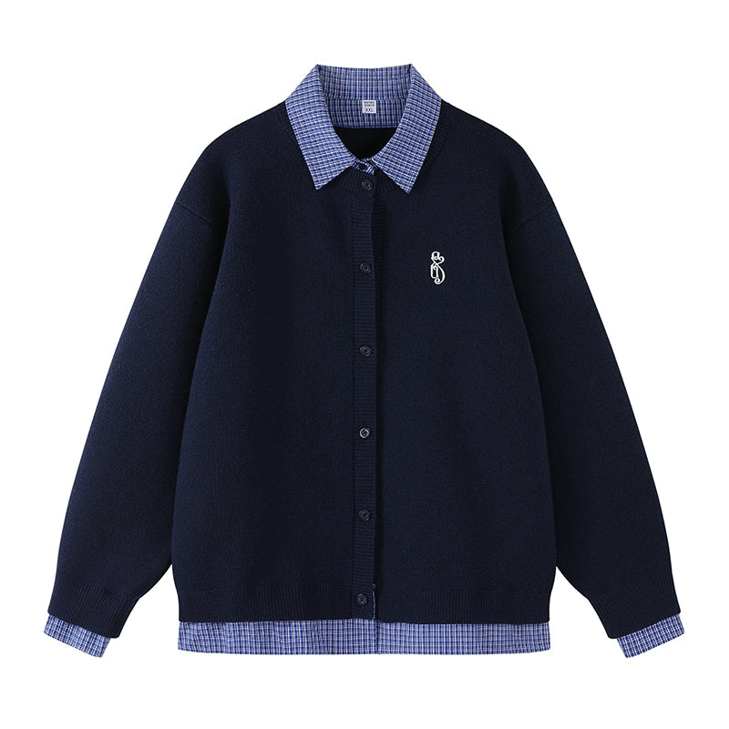 MATCHA STORY Plaid Contrasting Color Splicing Fake Two-piece Cardigan Sweater