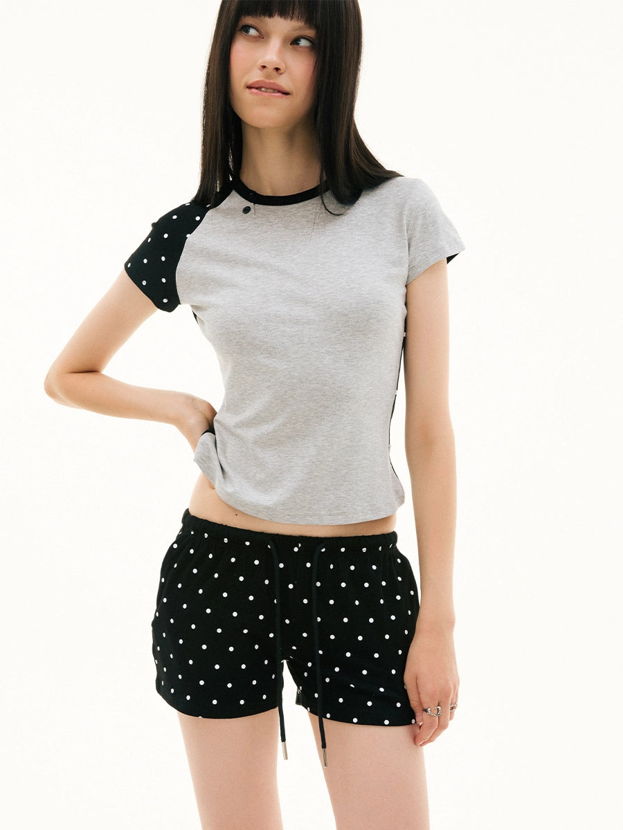 FUNKYFUN Polka Dot Contrasting Irregular Splicing Tee