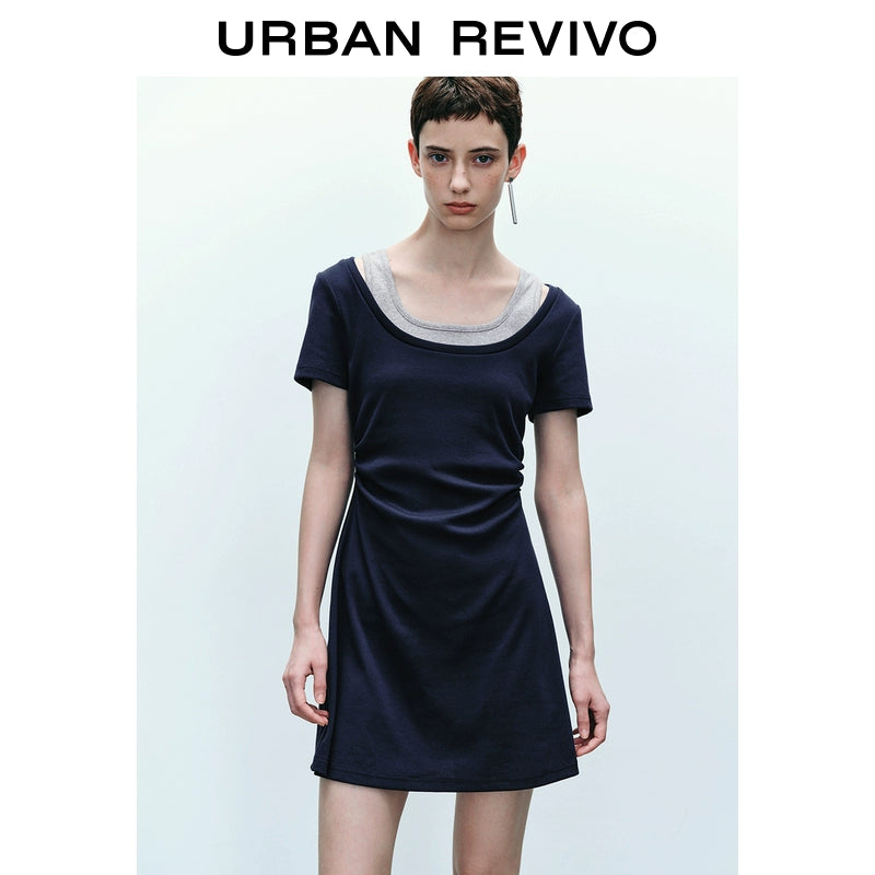 URBAN REVIVO Contrasting Splicing Fake Two-piece Pleated Short-sleeved Dress