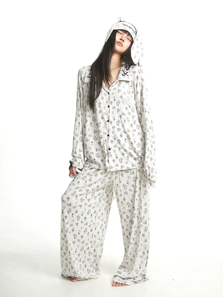 UNCMHISEX Hellokitty Printed Loose Lapel Long-sleeved Pajamas Three-piece Set