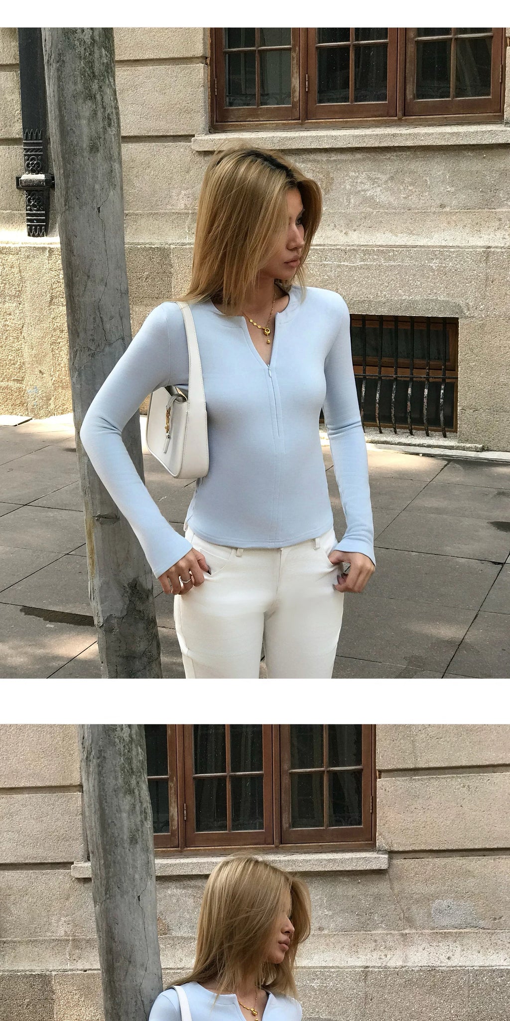 Audwyn Half Zipper V-Neck Slim Sleeve