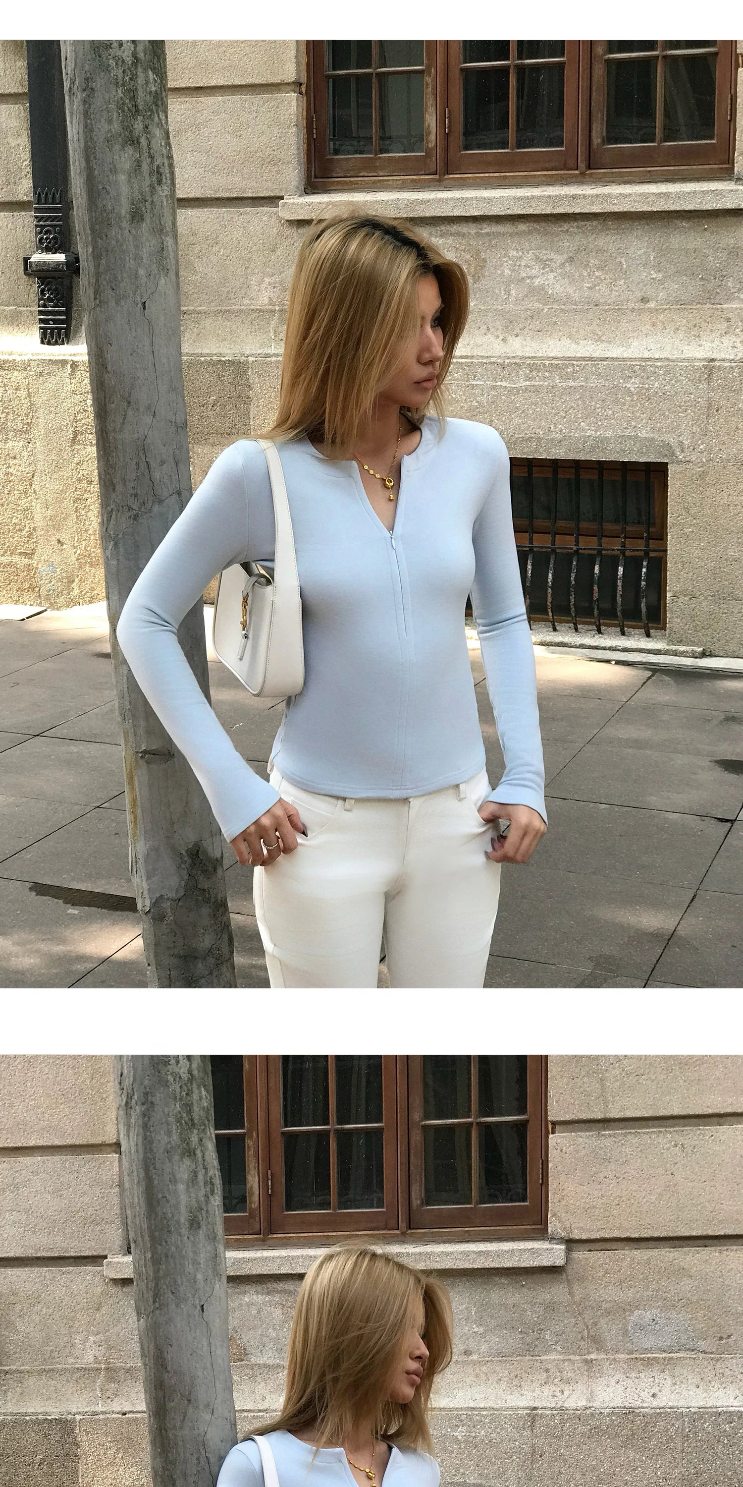 Audwyn Half Zipper V-Neck Slim Sleeve