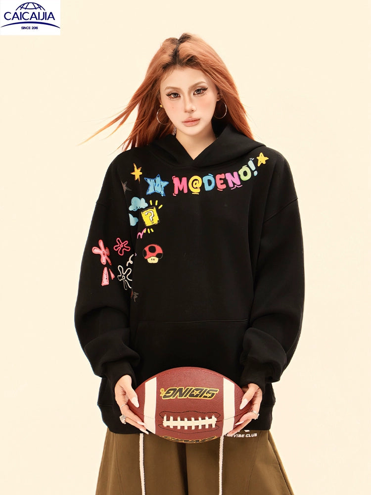 Kenvibe Vintage Graffiti Cartoon Print Fleece Sweater