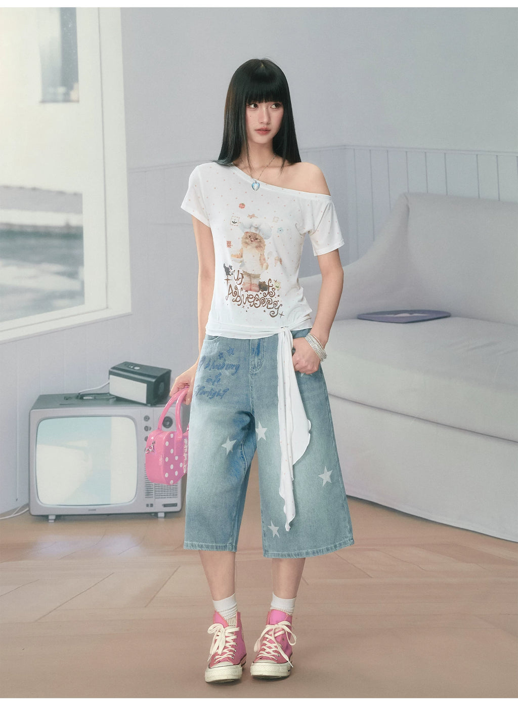 Ablueberry Cat Polka Dot Slanted Shoulder Tee