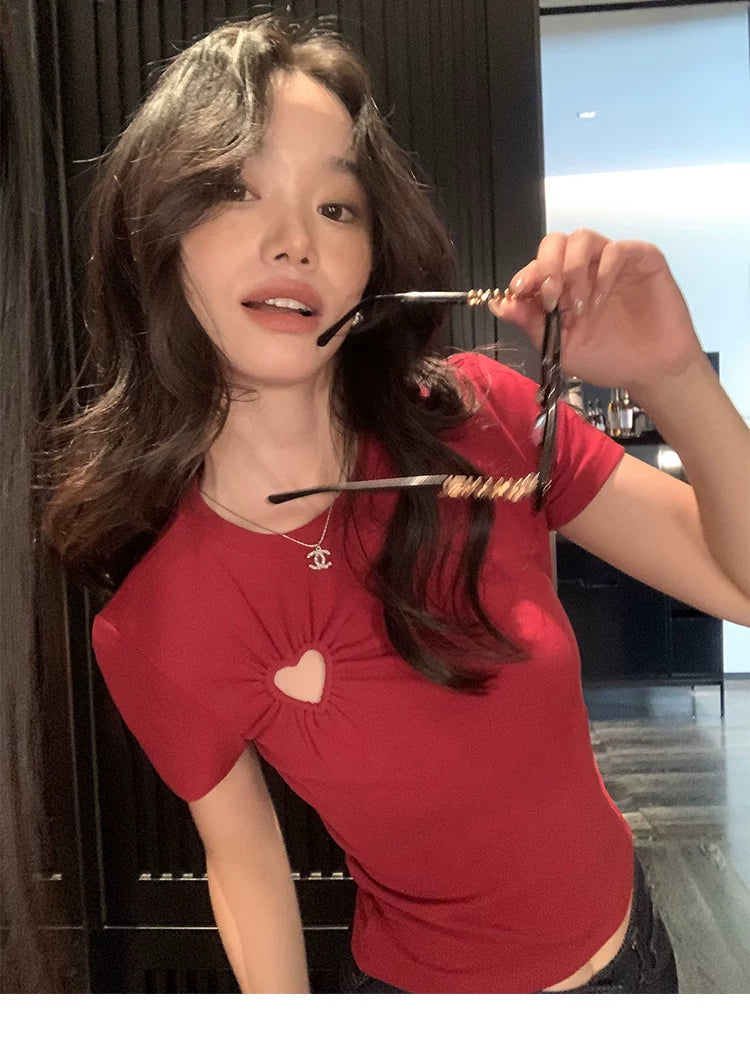 Pusumede Love Hollow Short Knitted Tee