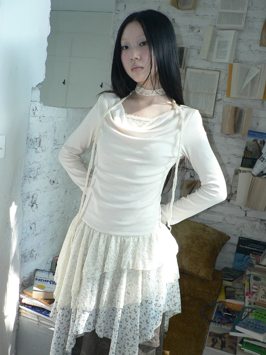 Ang: Project Lace Floral Stitching Irregular Skirt Long Sleeve