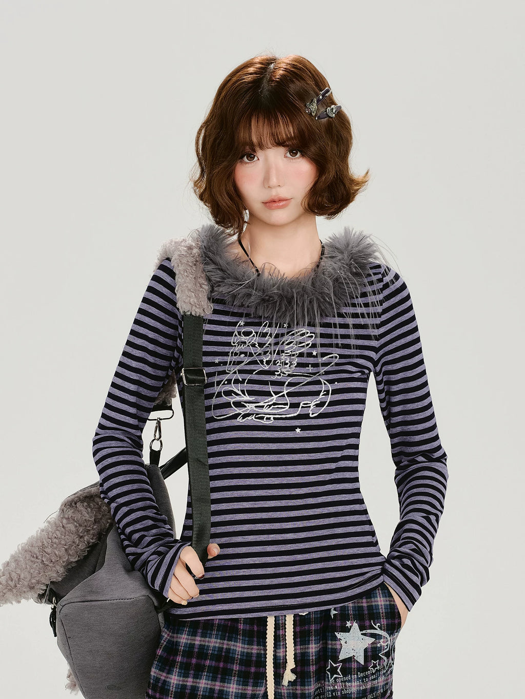 Girlyhalo Vintage Fur Collar Embroidered Striped Slim Sleeve