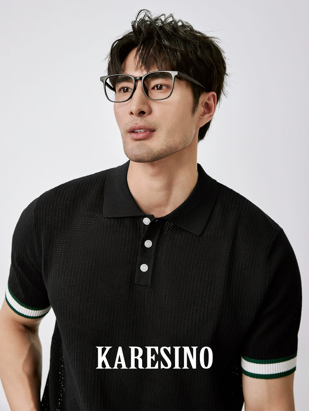 KARESINO Breathable Hollow Mesh Contrast Knitted Polo Shirt