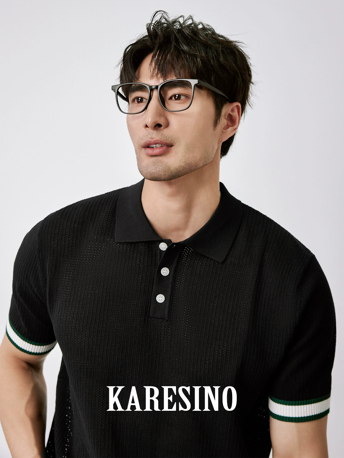 KARESINO Breathable Hollow Mesh Contrast Knitted Polo Shirt