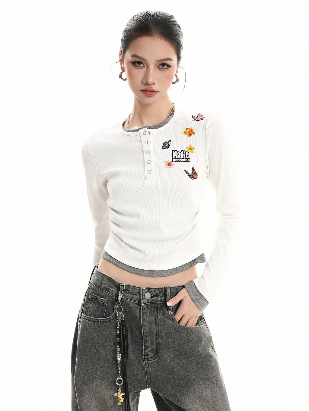 Kenvibe Vintage Alphabet Butterfly Embroidery Fake Two Piece Long Sleeve