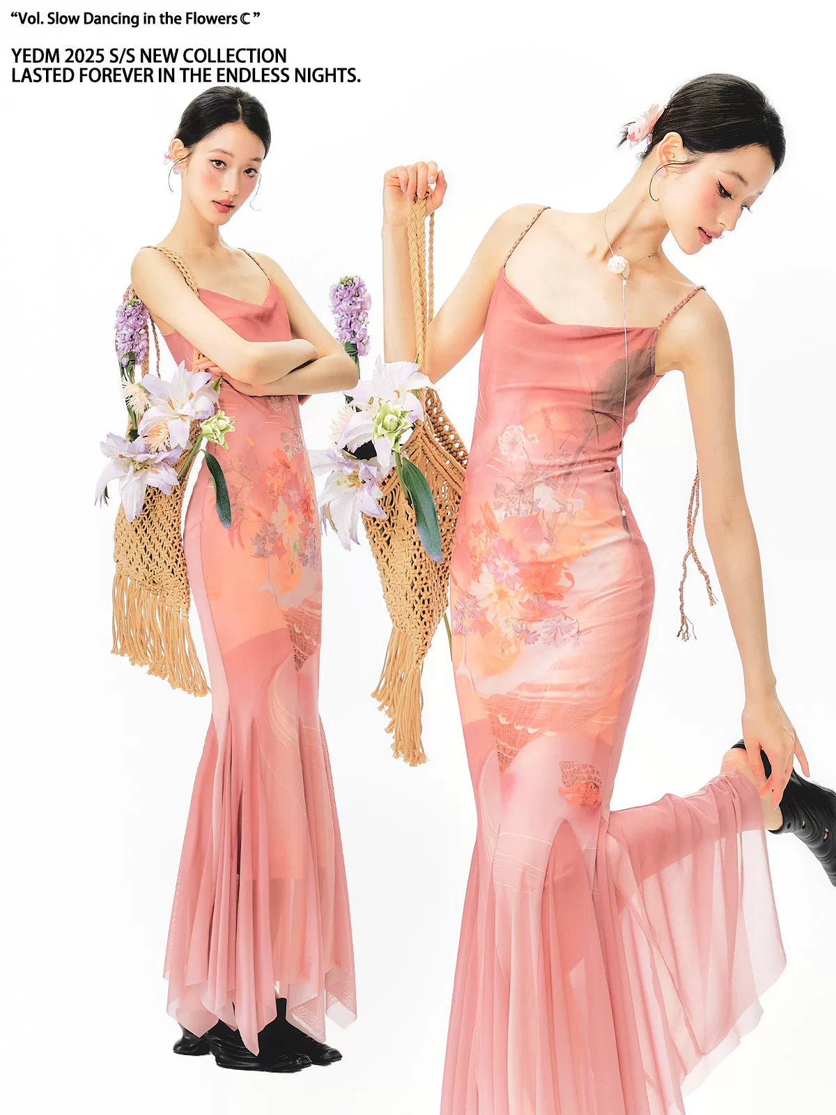 YEDM Gradient Hand-painted Printed Slip Mermaid Skirt