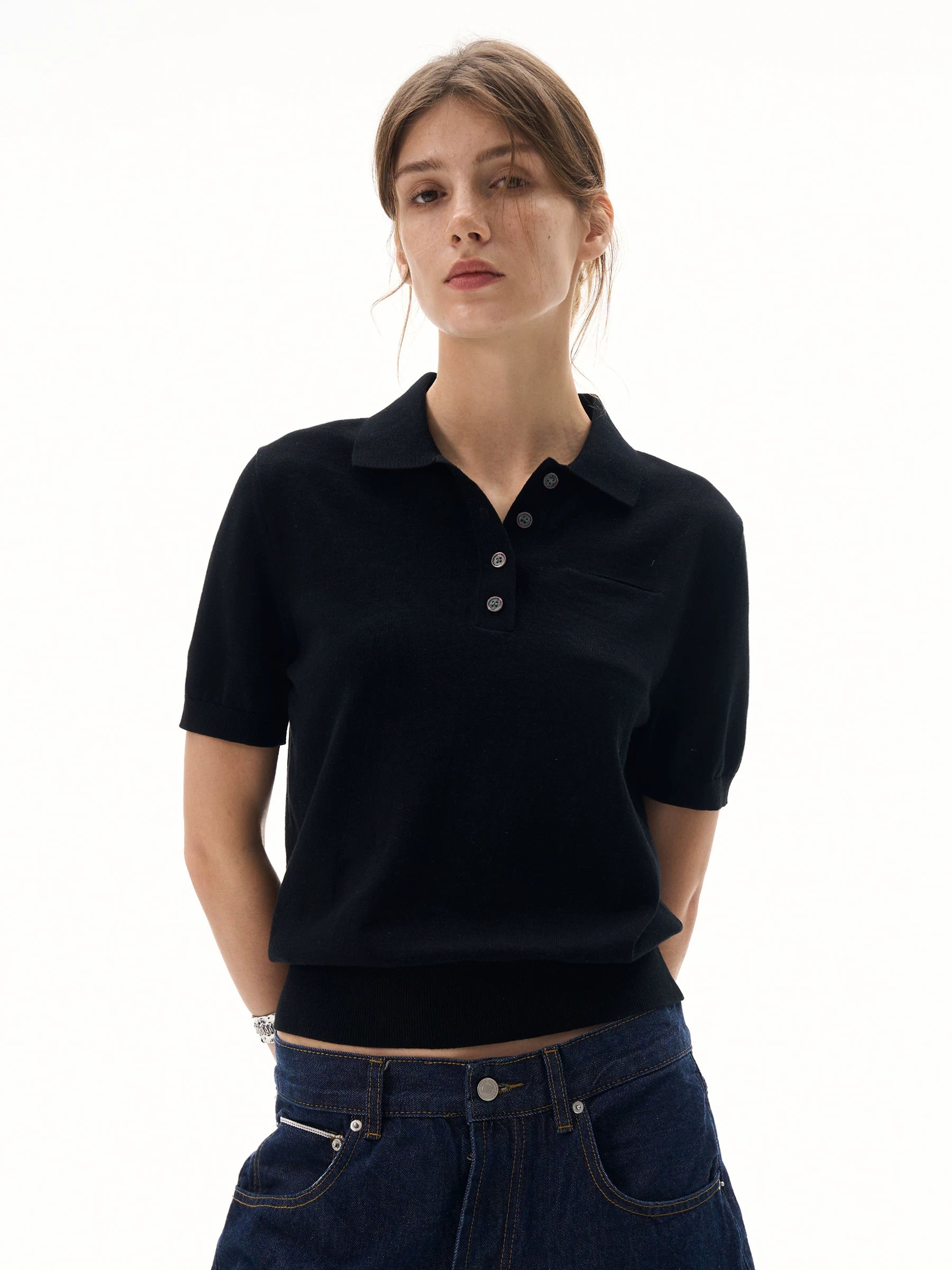 MADWITCH Retro Old Money Wind Polo Collar Knitted Tee
