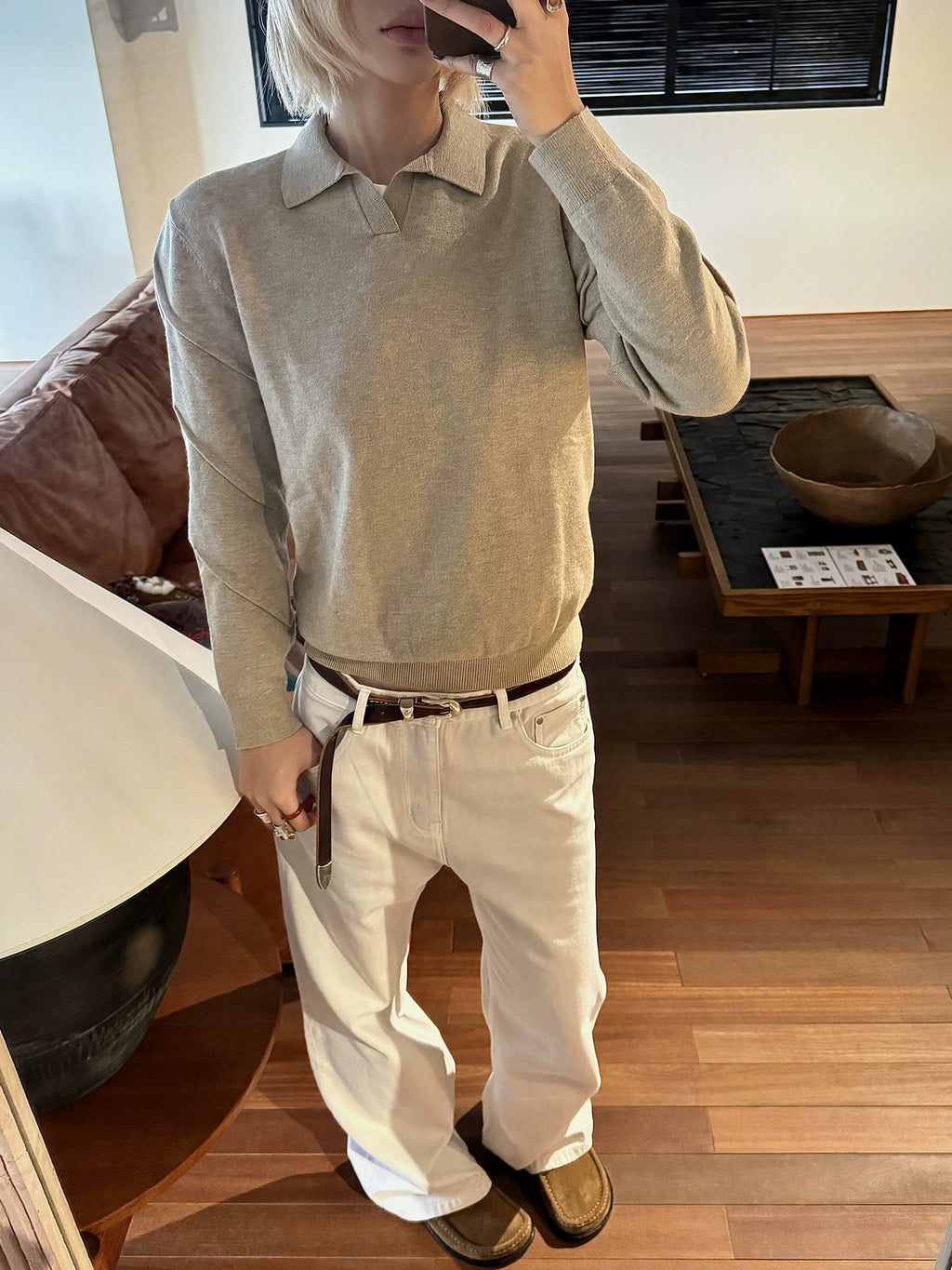 Borrowed Project V-Neck Knitted POLO Shirt Long Sleeve