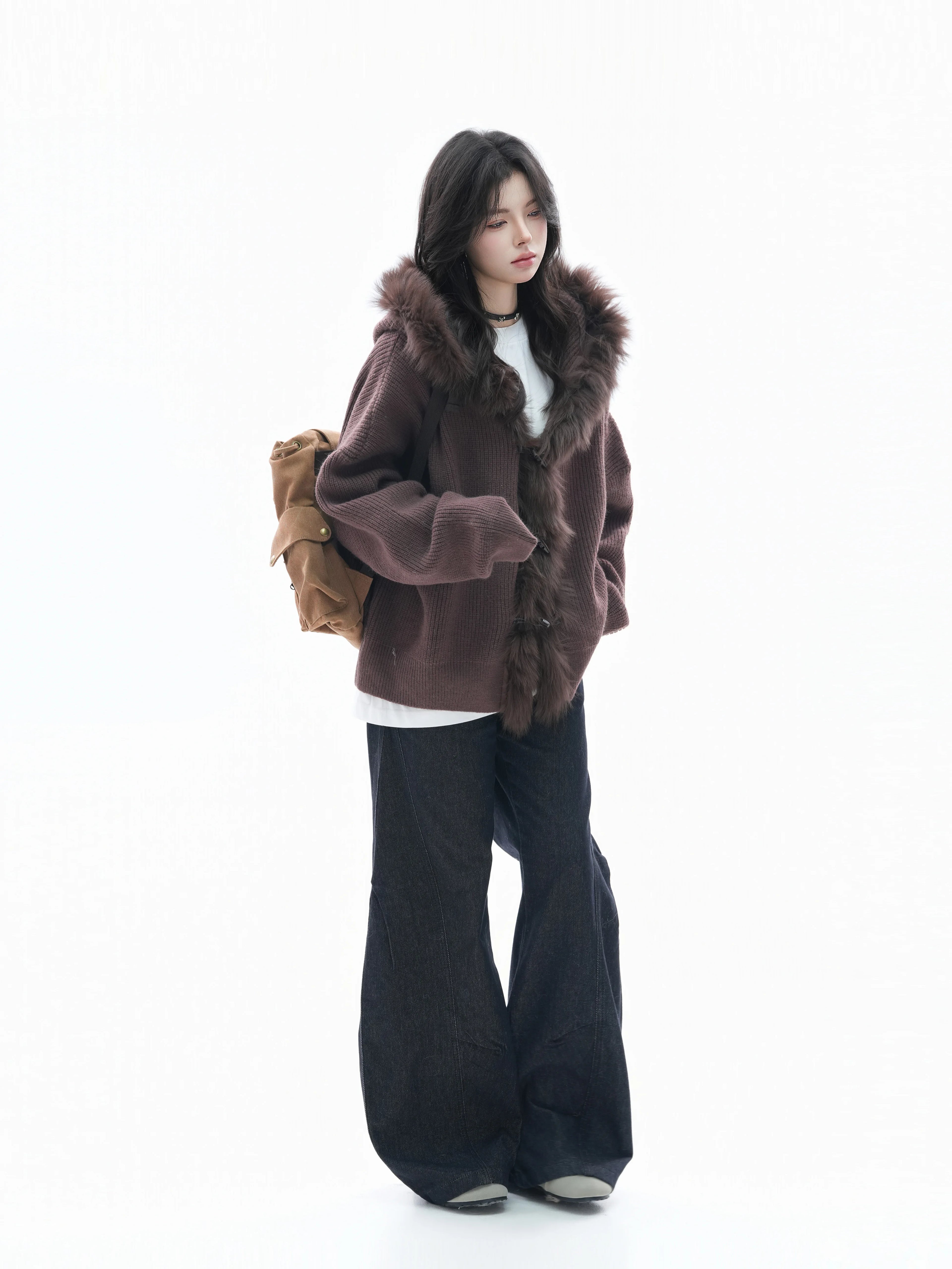 Zuocisankon Retro Big Fur Collar Hooded Knitted Sweater