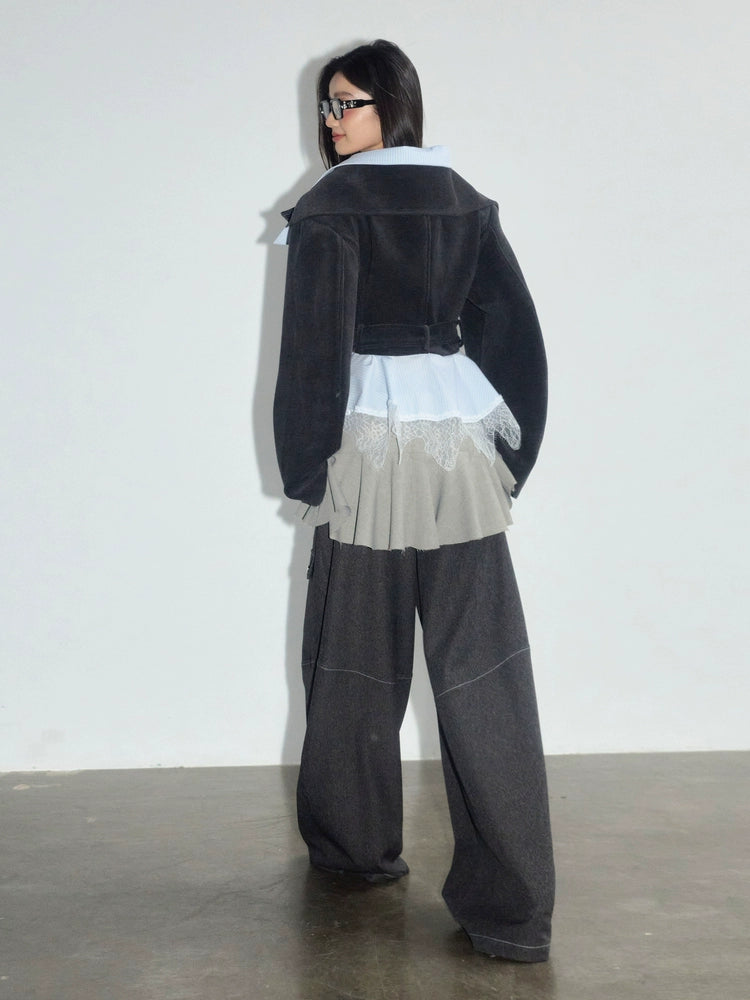 JNYLON Vintage Fake Two-Piece Lace Removable Silhouette Short Jacket