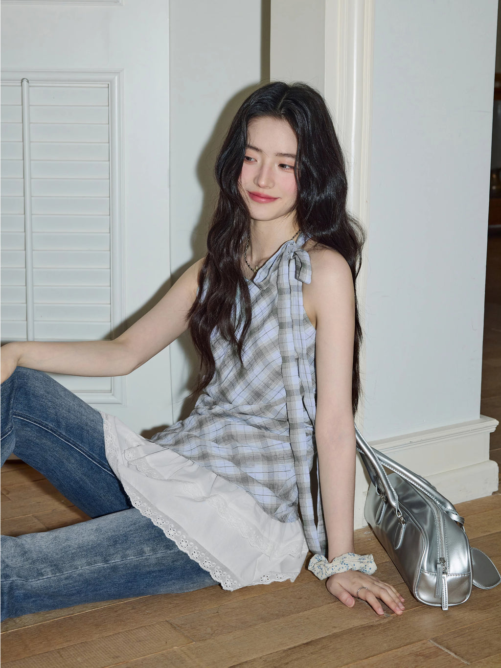 XUJING Lace Stitching Plaid Sleeveless Shirt