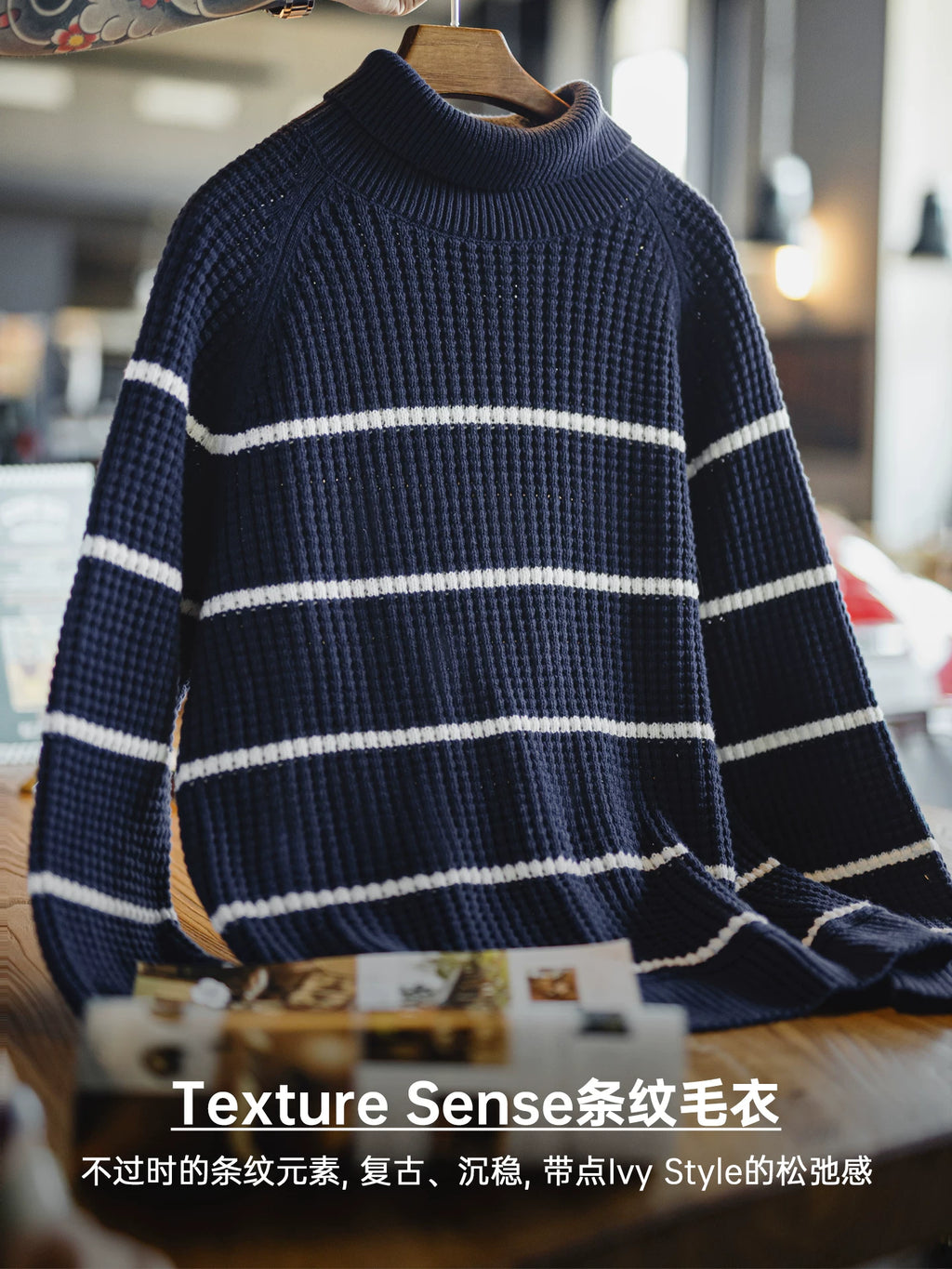 Madden retro striped shoulder sleeve sweater turtleneck knitted sweater