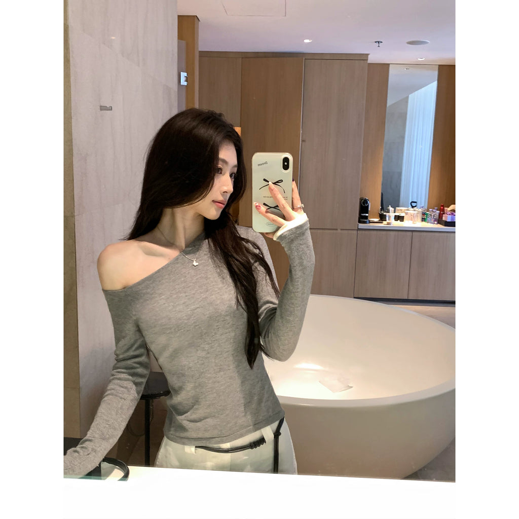 Pusumede Diagonal Shoulder Contrasting Short Slim Long Sleeves
