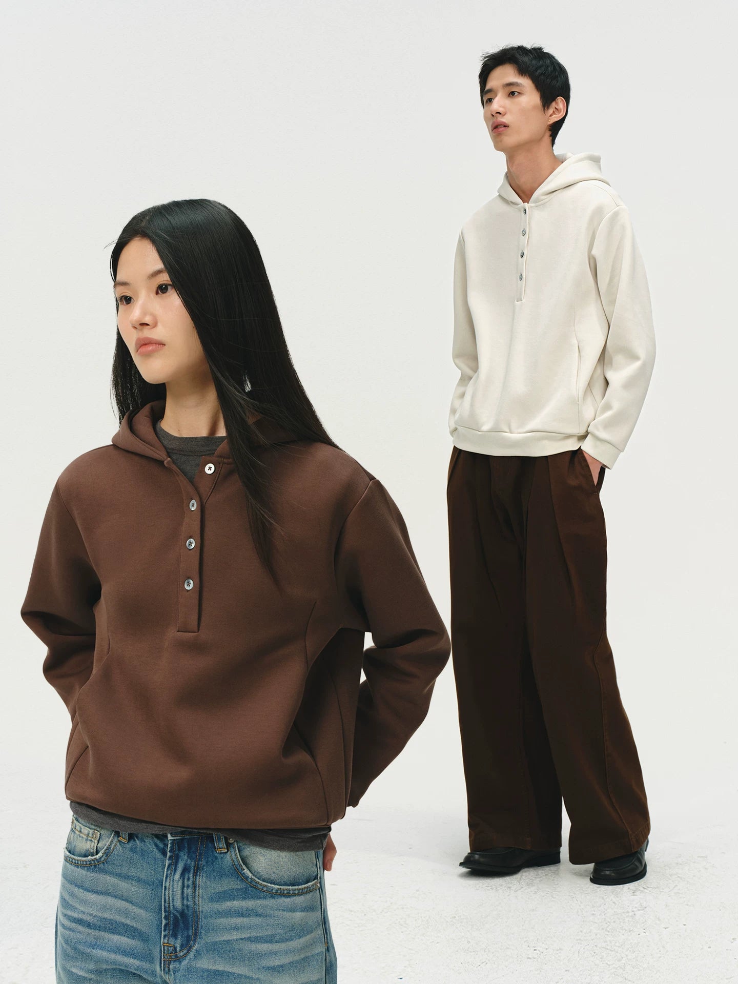 No Logo Warm and Soft Henry Collar Hooded Sweatshirt