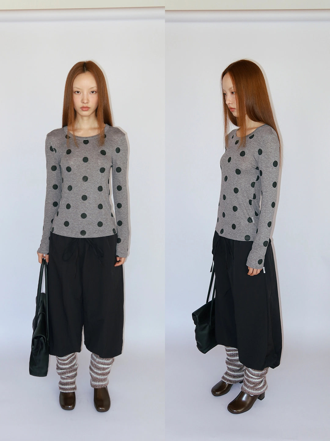 FUNKYFUN Full Printed Polka Dot Printed Elastic Front Shoulder Long Sleeve