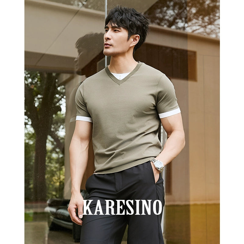 KARESINO Ice Silk Contrasting Color Splicing Knitted Polo Shirt
