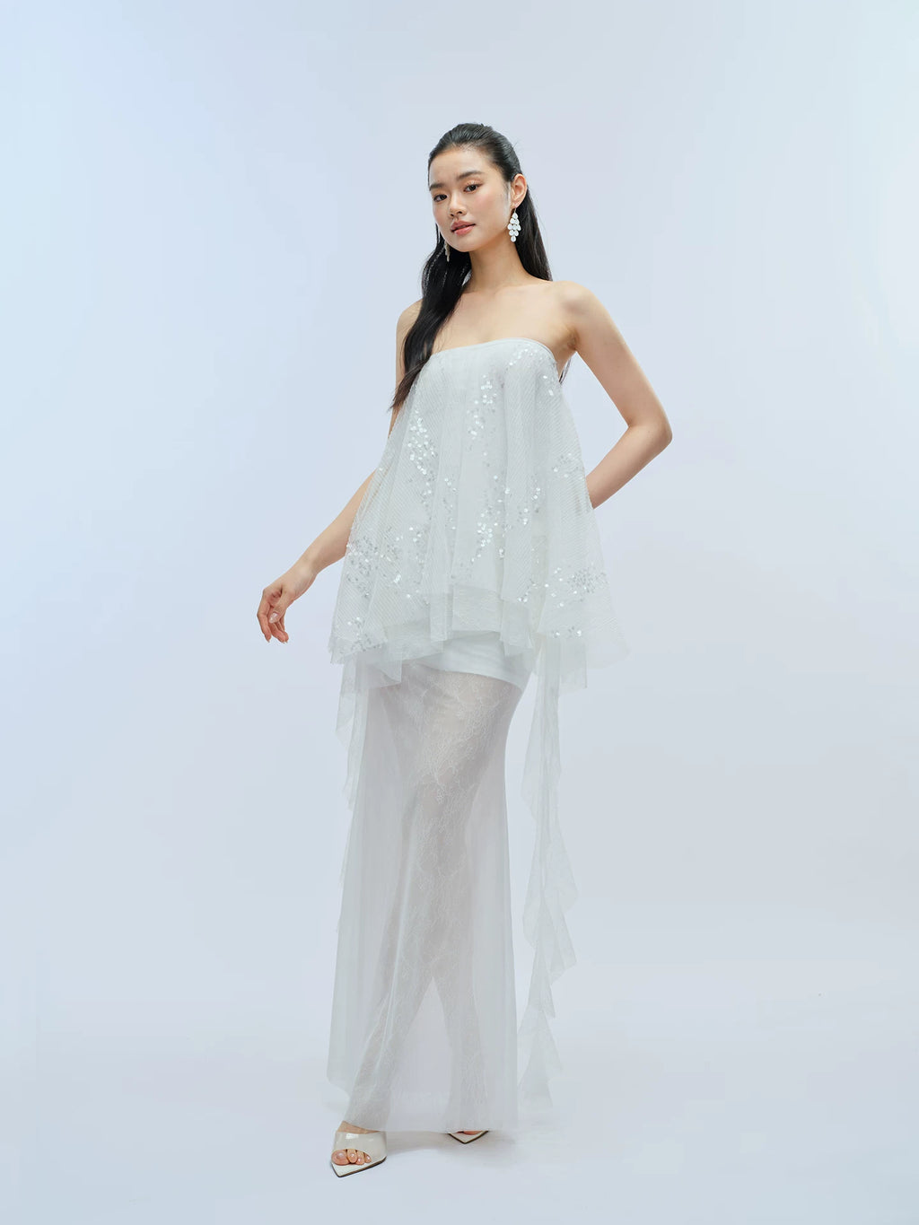 J TheChosen Pleated Sequined Streamer Lace Mesh Skirt Set