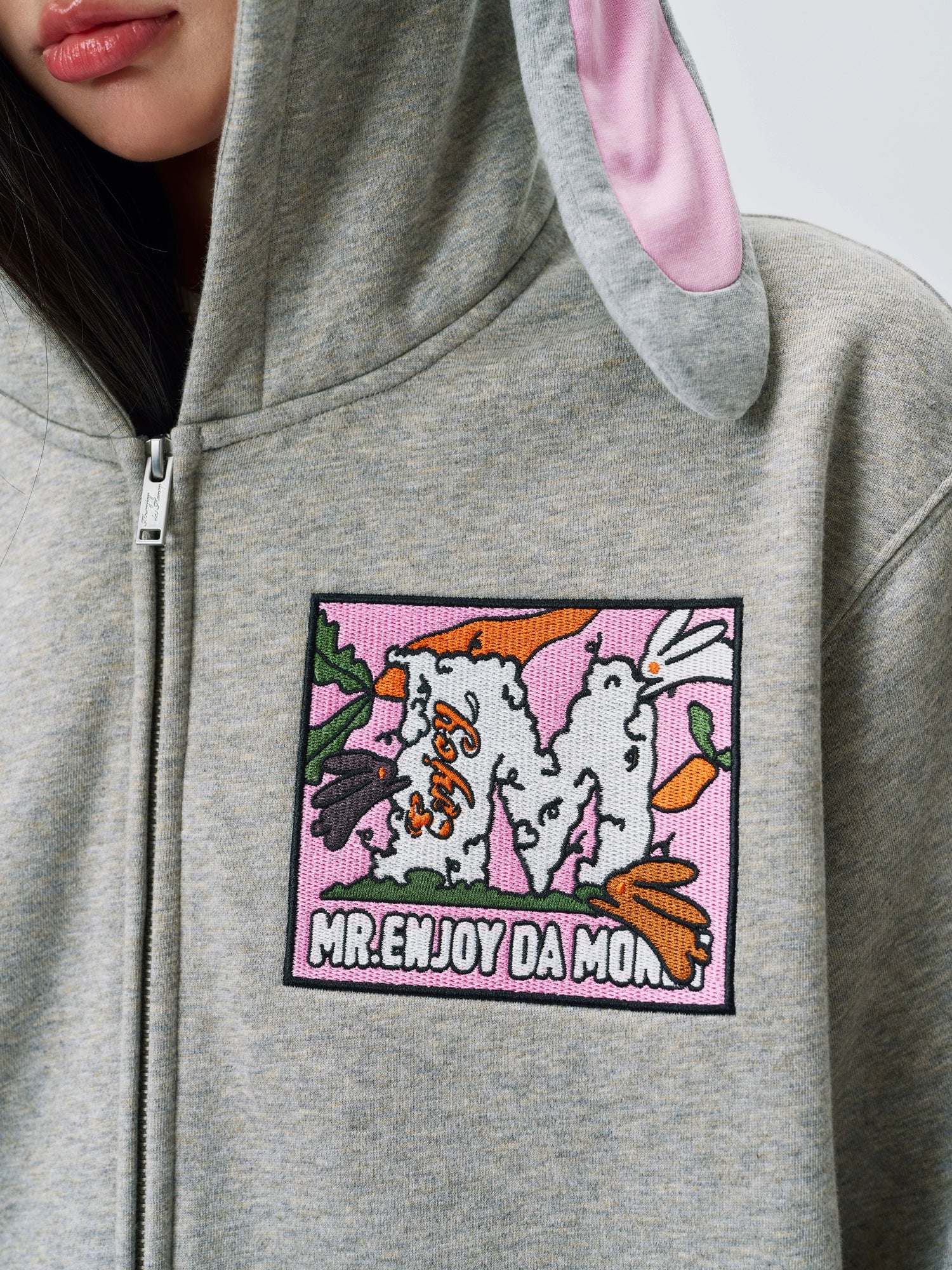 MEDM Rabbit Ear Sweet Cool Velcro Fleece Zipper Hooded Sweater