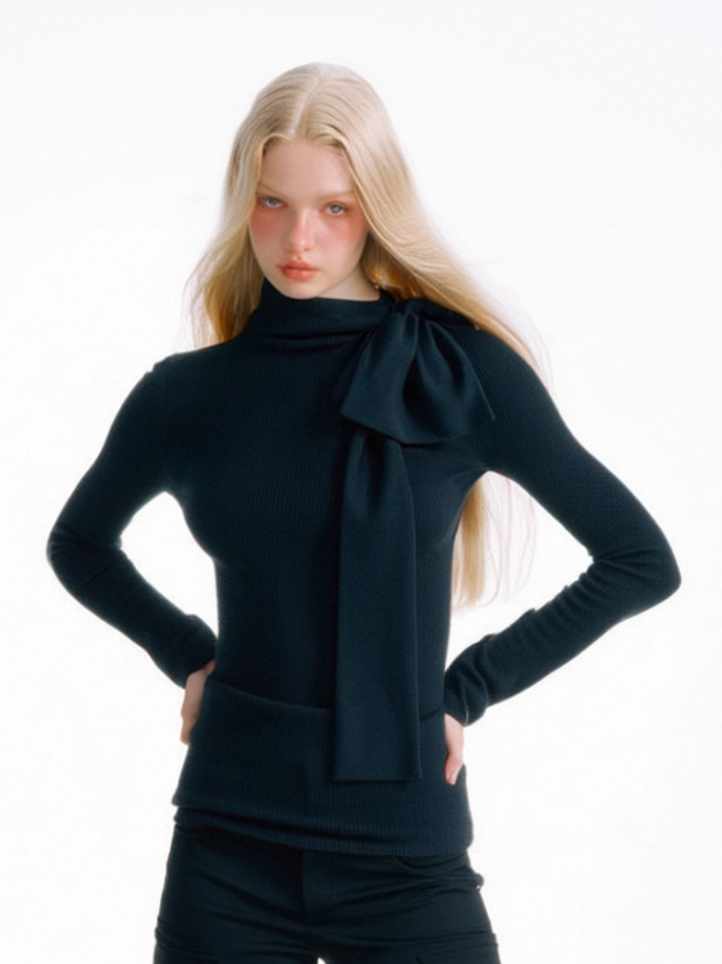 SUREENOUGH Bow Ribbon Knitted Bottom Long Sleeve