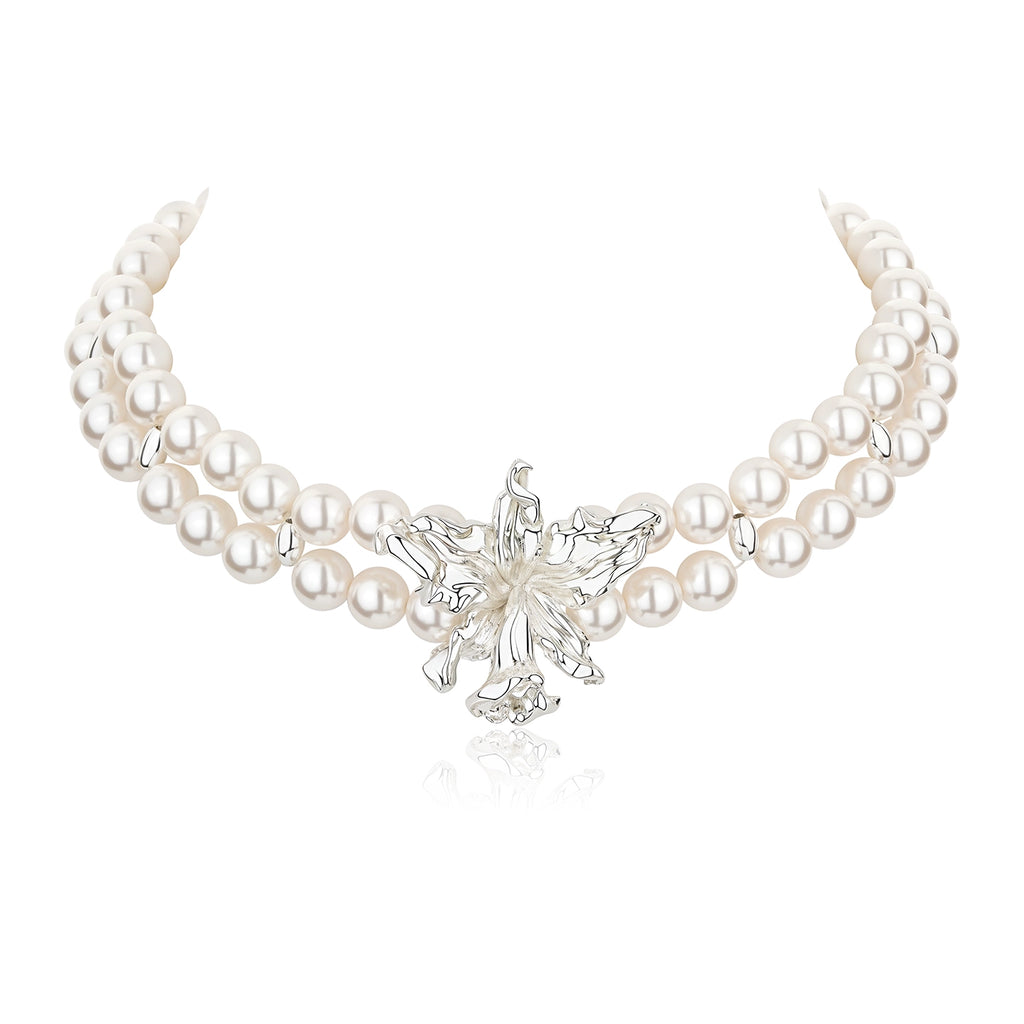 1JINN Double Pearl Metal Flower Clavicle Chain