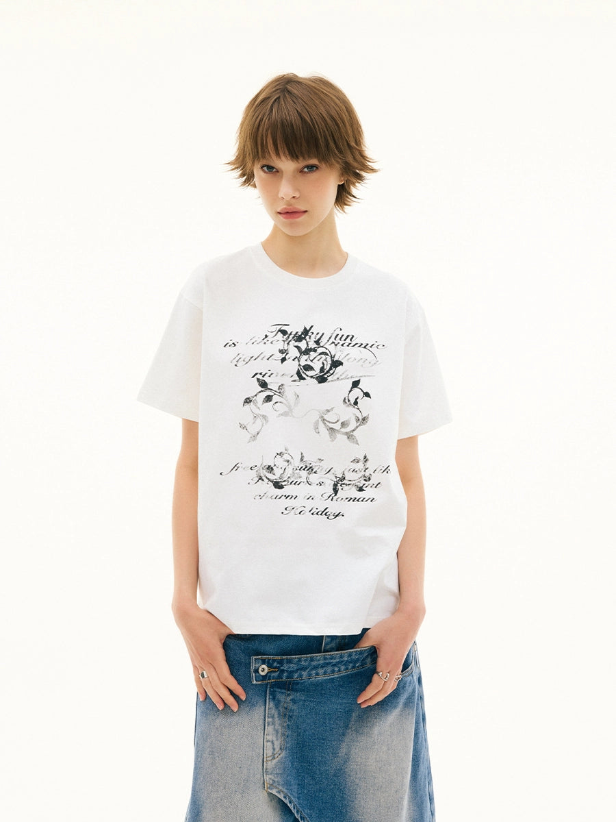 FUNKYFUN Old Mottled Flower Slogan Printed Tee