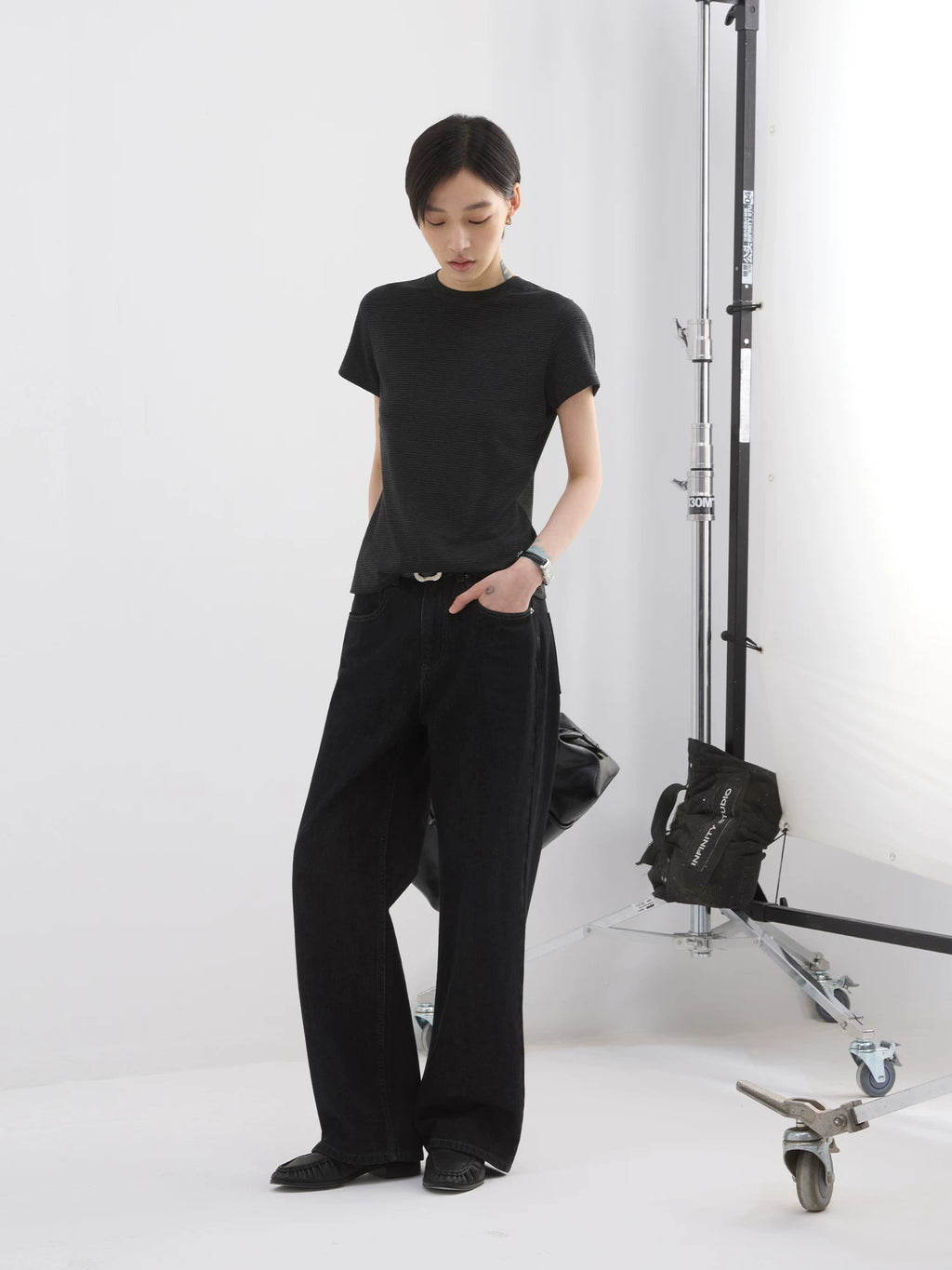 Sameuoo Front Shoulder Slim Striped Tee
