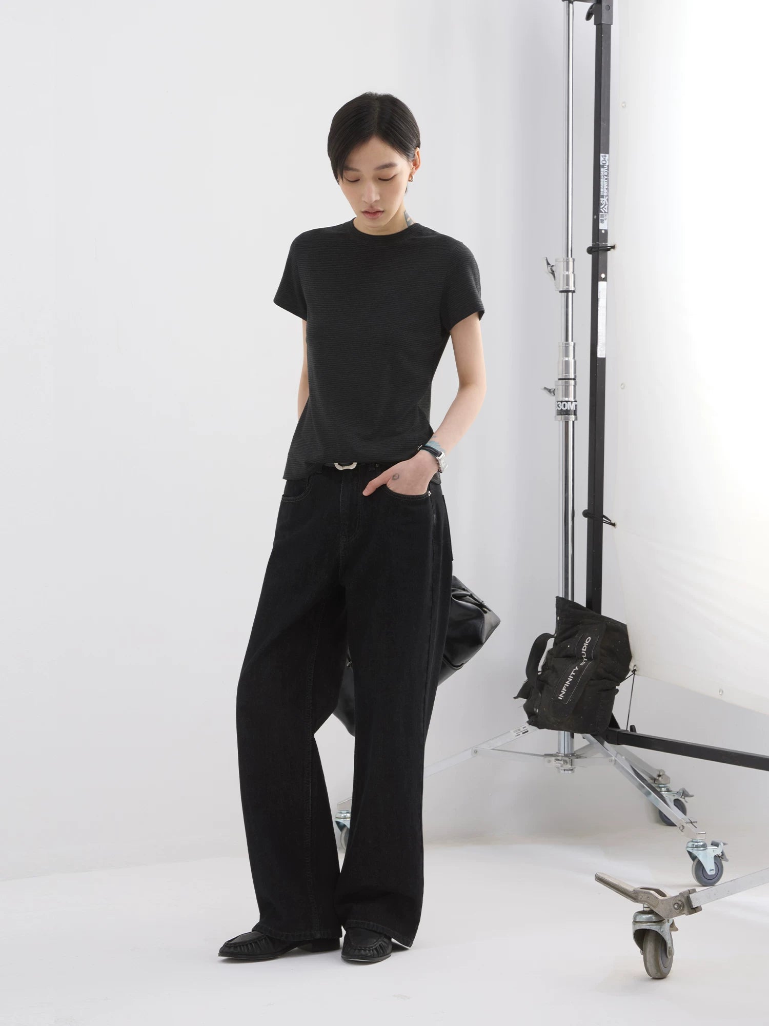 Sameuoo Front Shoulder Slim Striped Tee