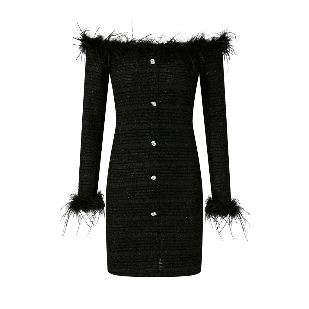 FINDYAWINGS Vintage One-word Shoulder Plush Dress