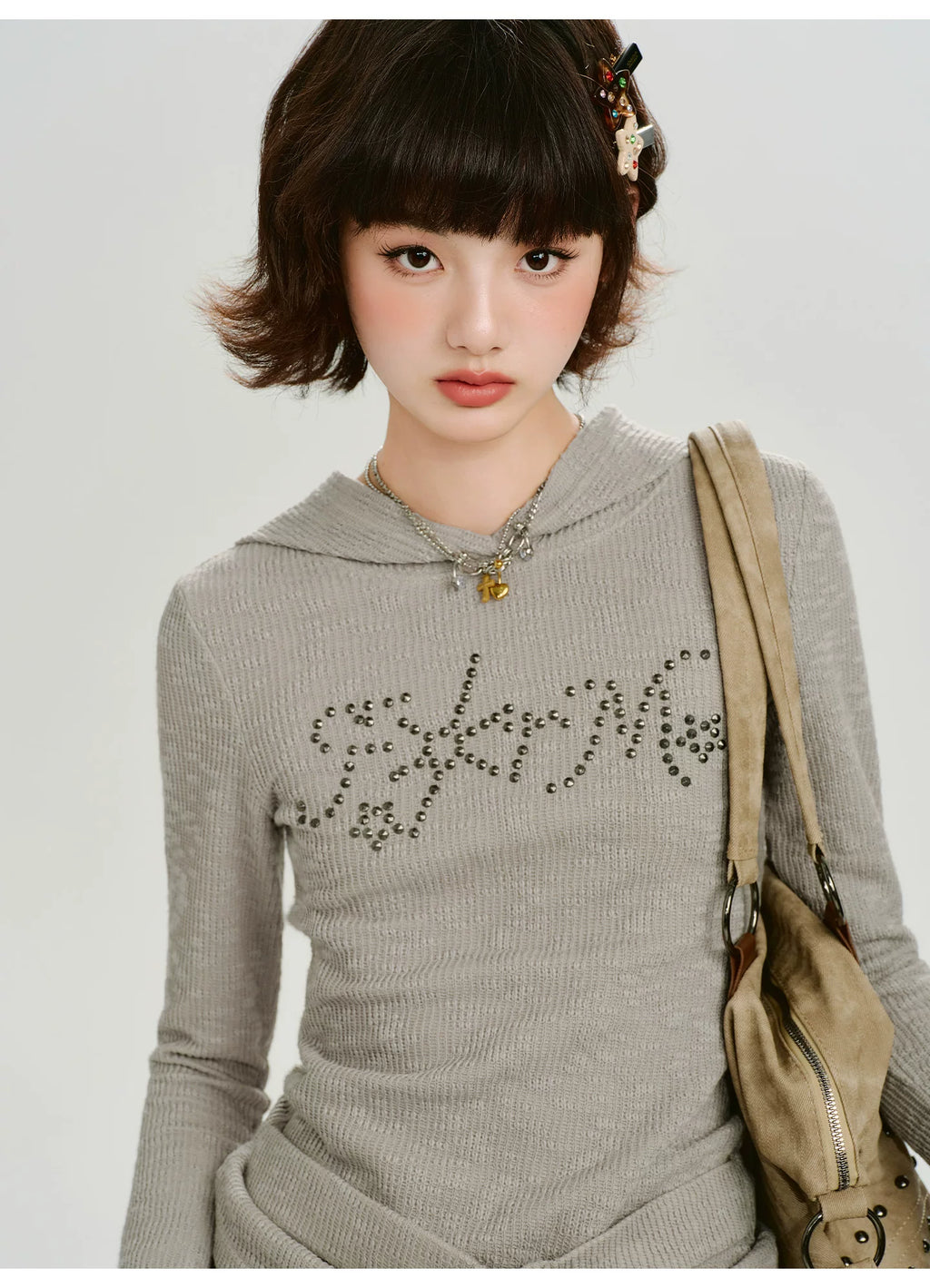 Girlyhalo Vintage Hot Diamond Strap-Up Hooded Knitted Long Sleeve
