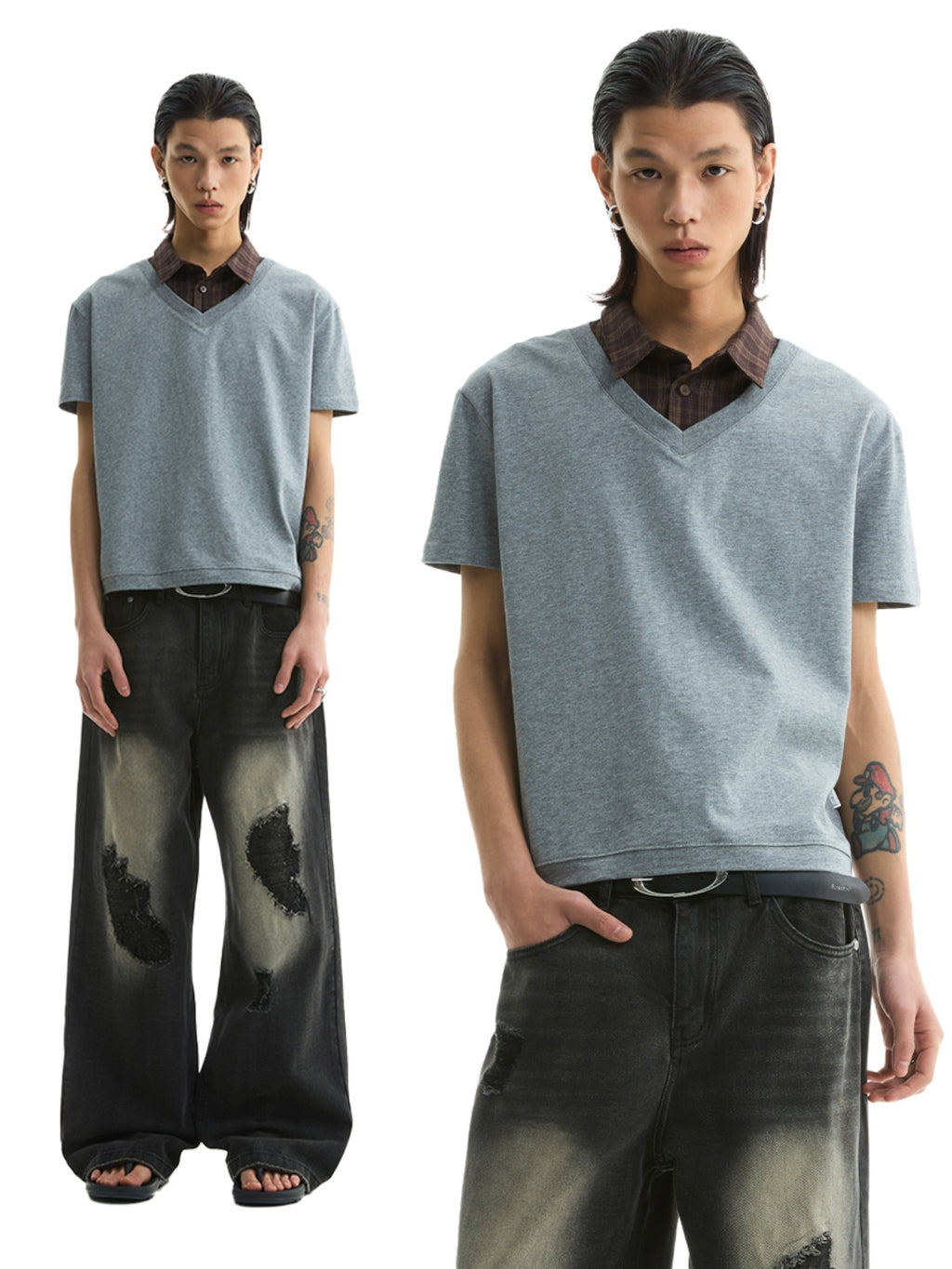 FUNKYFUN Splicing Plaid Shirt Lapel Fake Two-piece Tee
