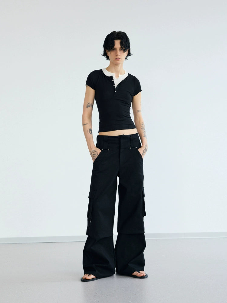 PEOPLESENSE Henry Collar Fake Two-piece Stacked Slim-fit Short Tee