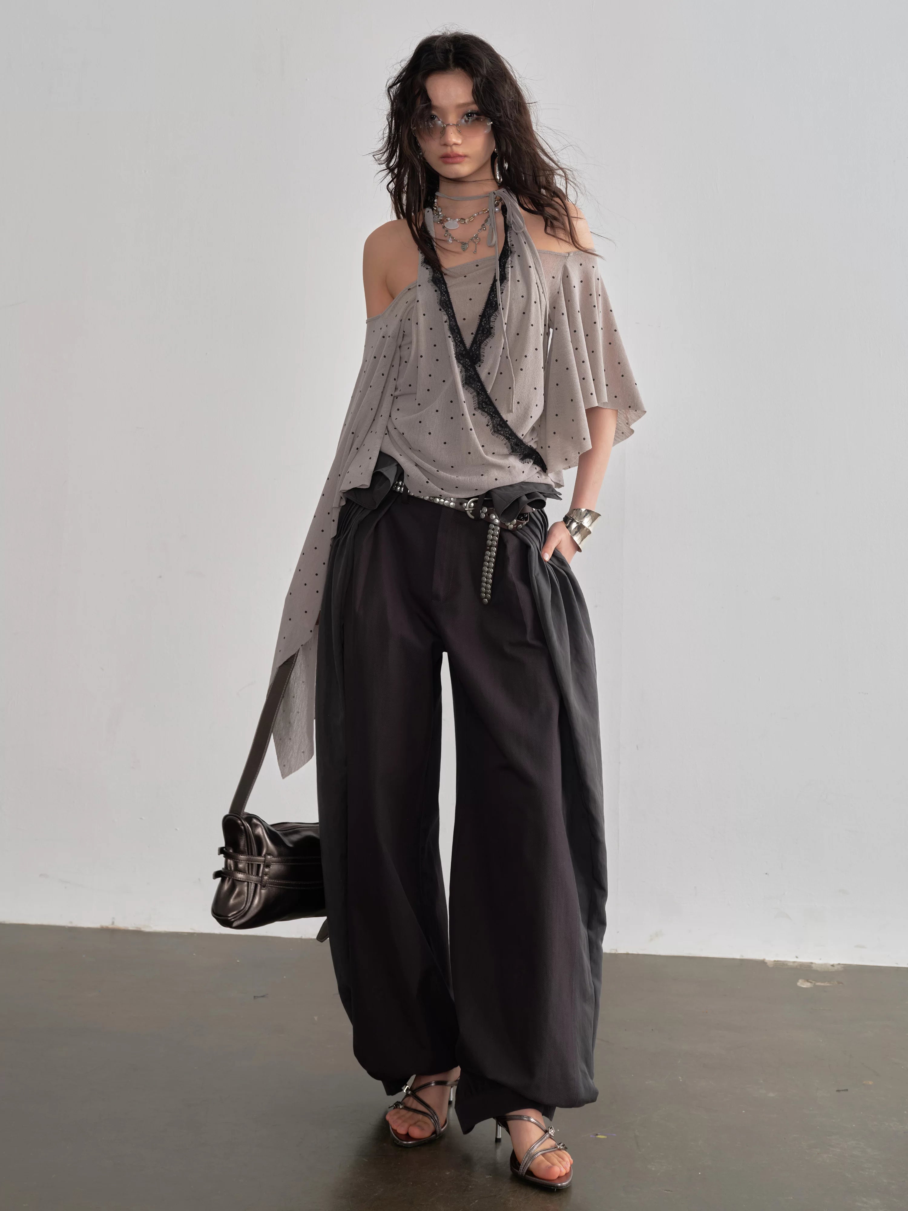 JNYLON Retro Asymmetrical Shawl Sleeve Neck Polka Dot Tee