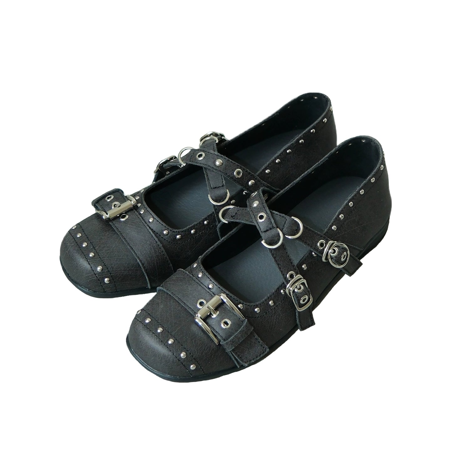 Mooreyu Rivet Round Head Cross Buckle Leather Shoes