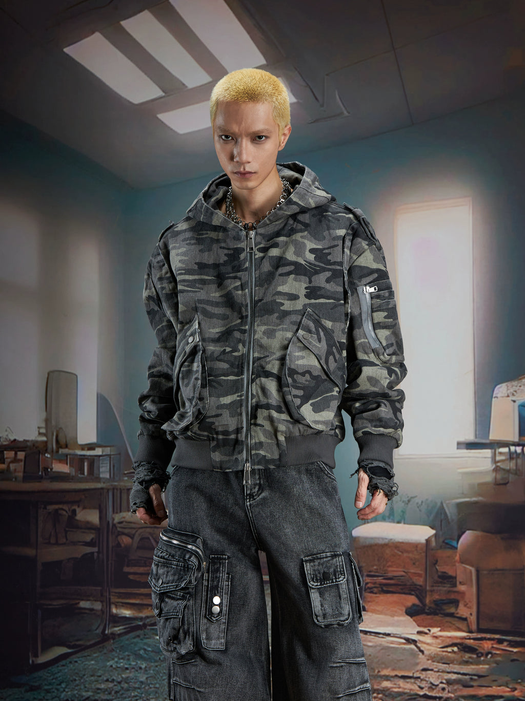 NOMANIAI Stitching Camouflage Hooded Zipper Jacket