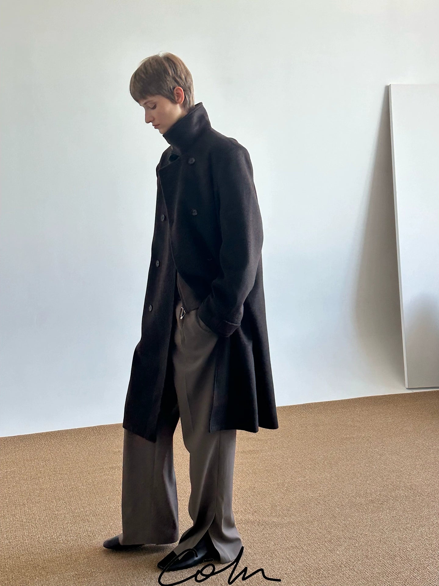 COLN Wool Double-breasted Stand-up Coat