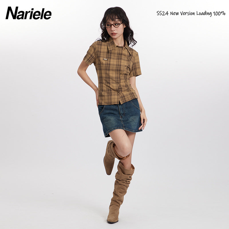 Nariele New Chinese Button College Plaid Short Sleeve Shirt