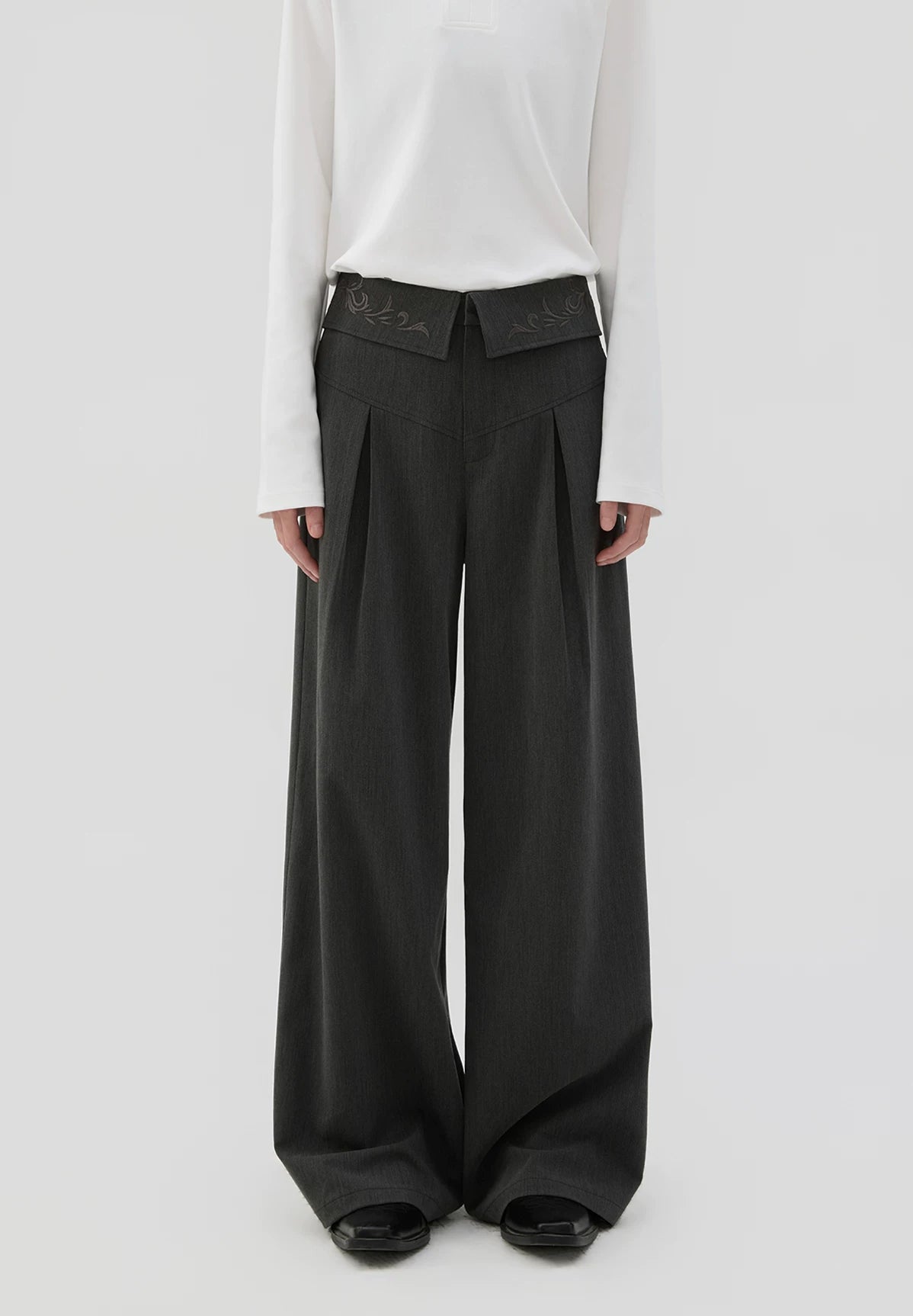 Sameuoo Waist Fold-down Embroidered Loose Straight Trousers