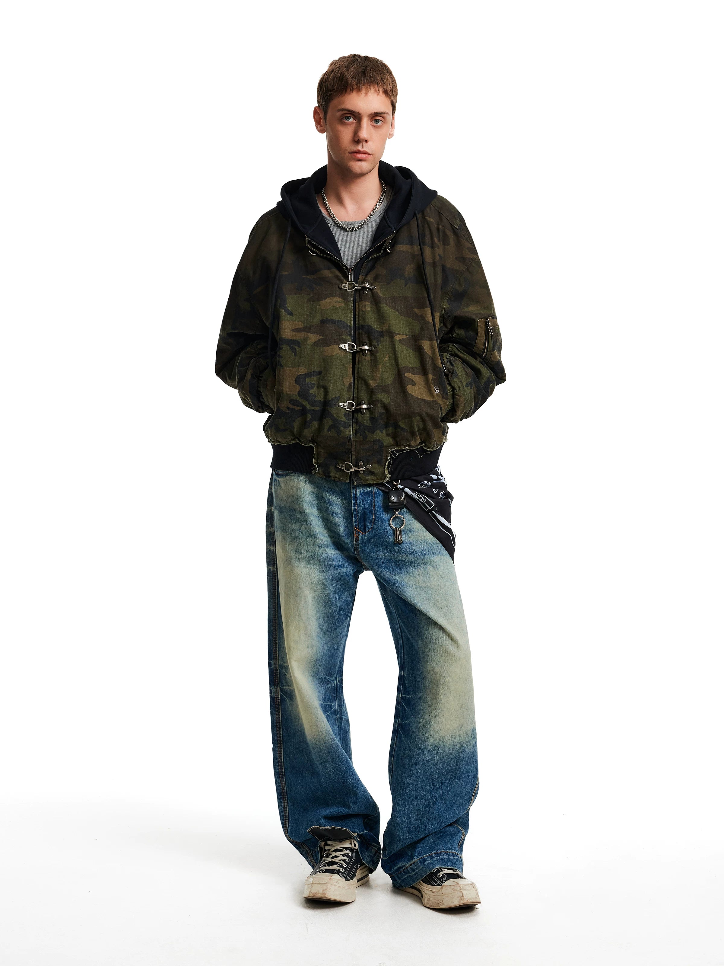 MADWITCH Retro Old Camouflage Aircraft Buckle Hooded Cotton Jacket