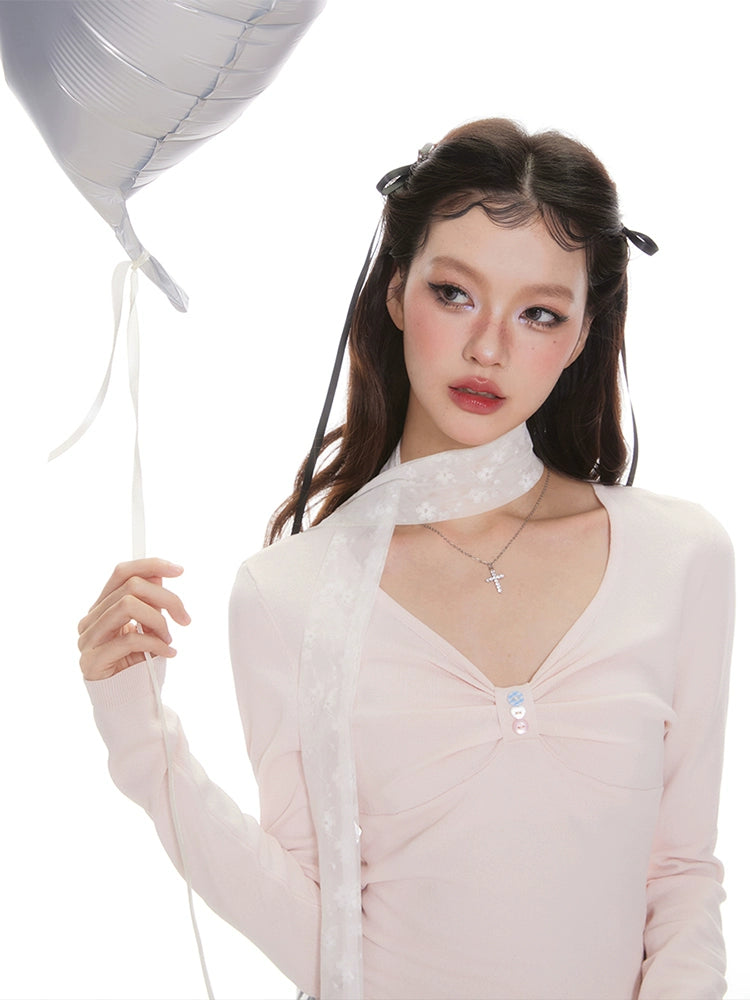 IMONE Pleated V-neck Long-sleeved Knitted Sweater