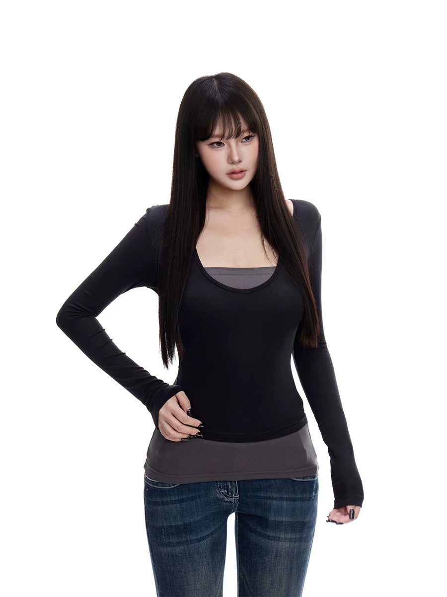 WITHMIN Fake Two-piece Contrasting Color Slim-fitting Front Shoulder Long Sleeves