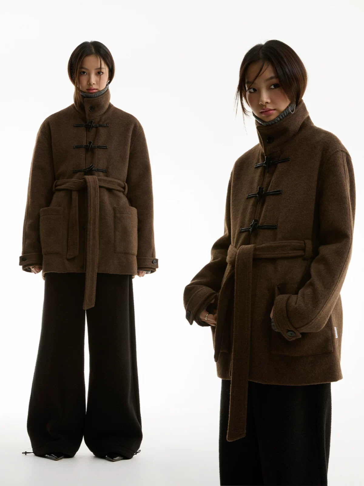 FUNKYFUN Horn Buckle Adjustable Belt Medium and Long Woolen Coat