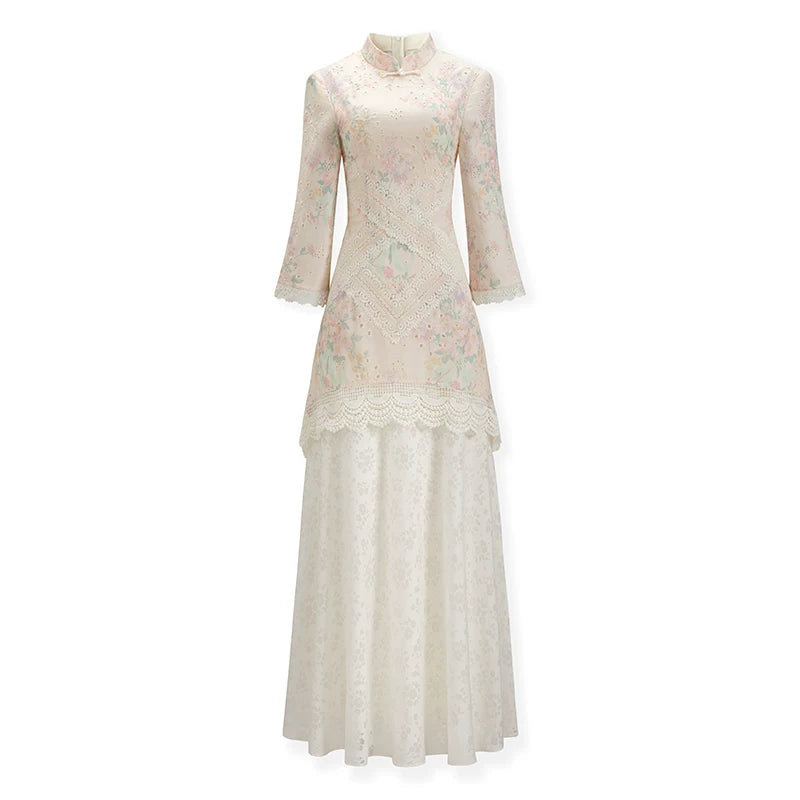 ZIHE Lace Splicing Hollow Floral Dress