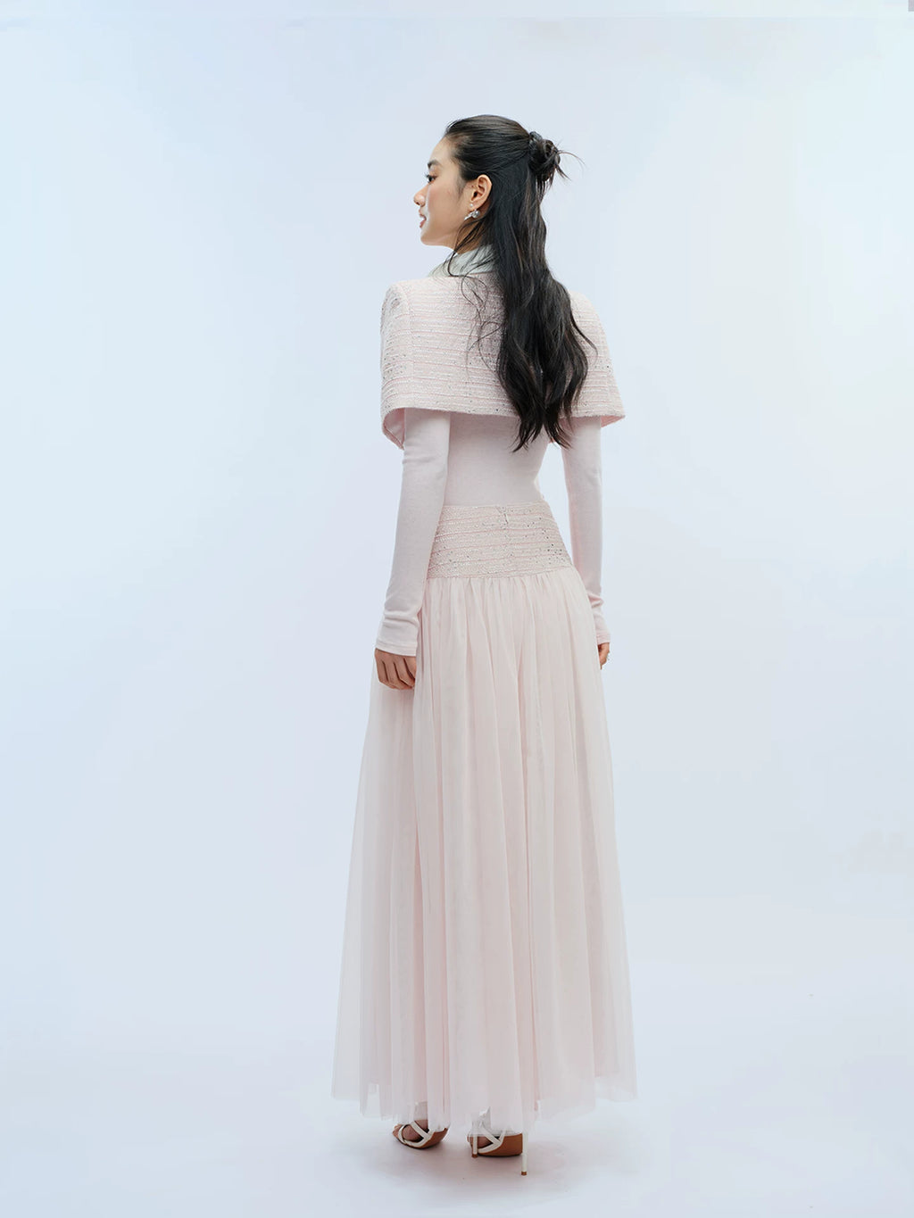 J TheChosen Satin Stand-Up Collar Shawl Mesh Skirt Set
